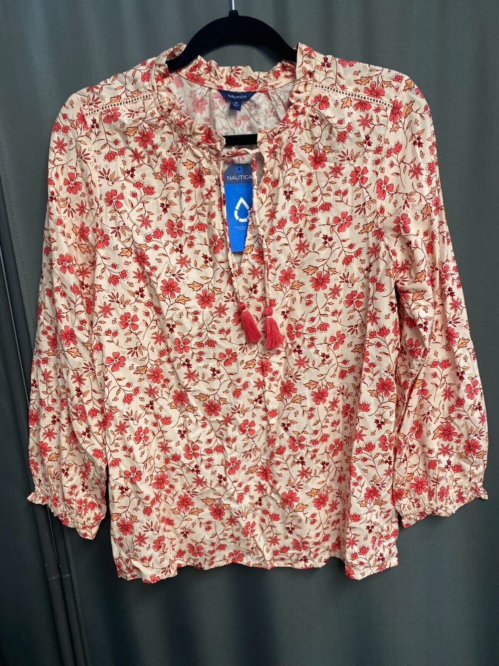 Nautica Blouse Top Womens Medium Multicolor Floral Long Sleeve Casual Preppy B47